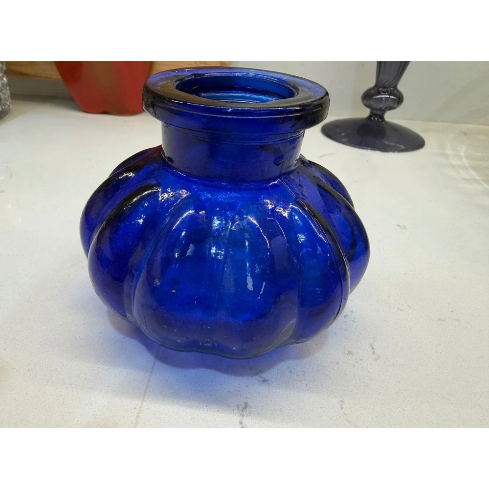 Vintage Cobalt Blue Glass Ribbed Pumpkin Bud Vase Round Squat 3x4in